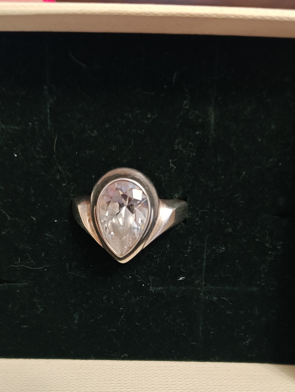 Pear-Shaped Clear Stone Sterling-Effect Ring - Size 55